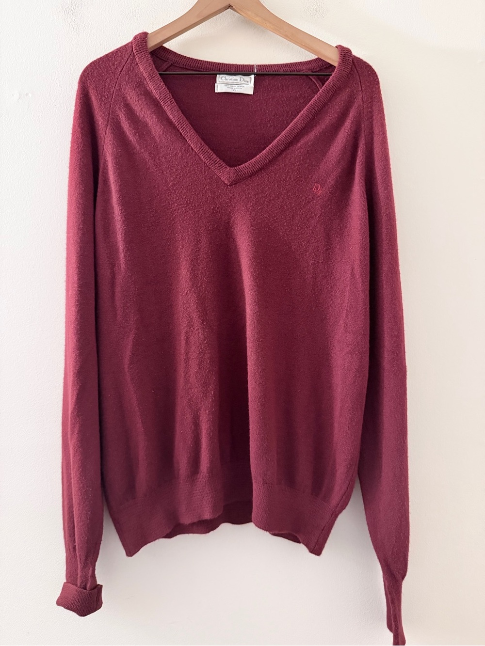Christian Dior Vtg 80s V-Neck Embroidered Sweater Maroon burgundy Mens Sz XL